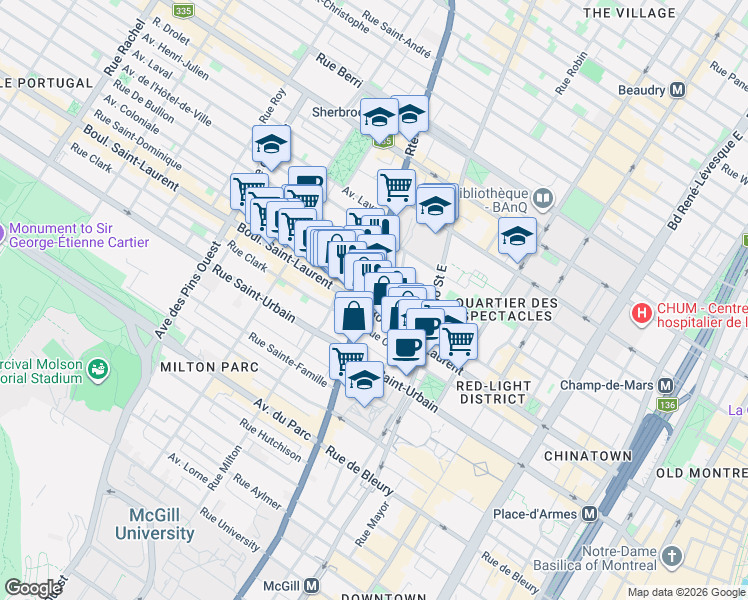 map of restaurants, bars, coffee shops, grocery stores, and more near 34 Rue Sherbrooke Est in Montréal