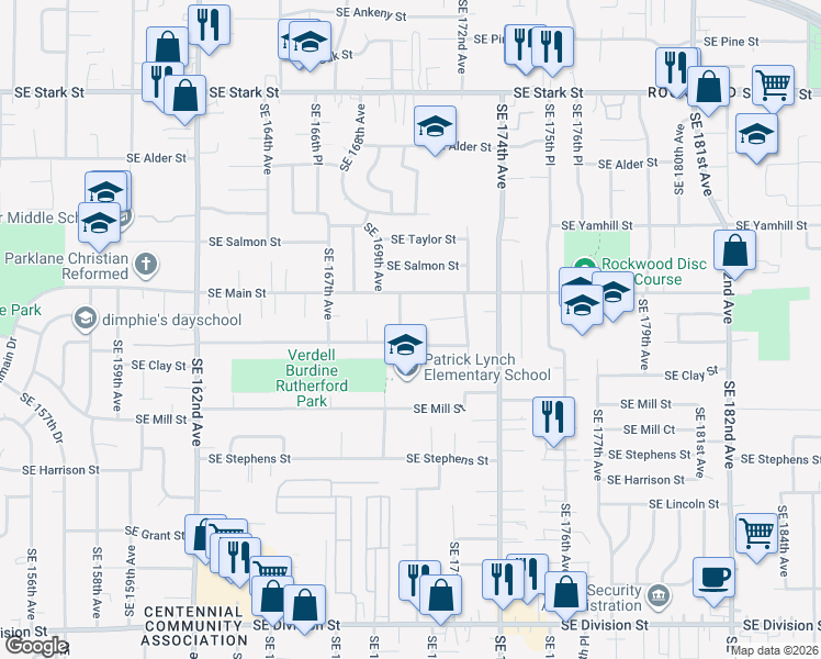 map of restaurants, bars, coffee shops, grocery stores, and more near 1344 Southeast 169th Place in Portland