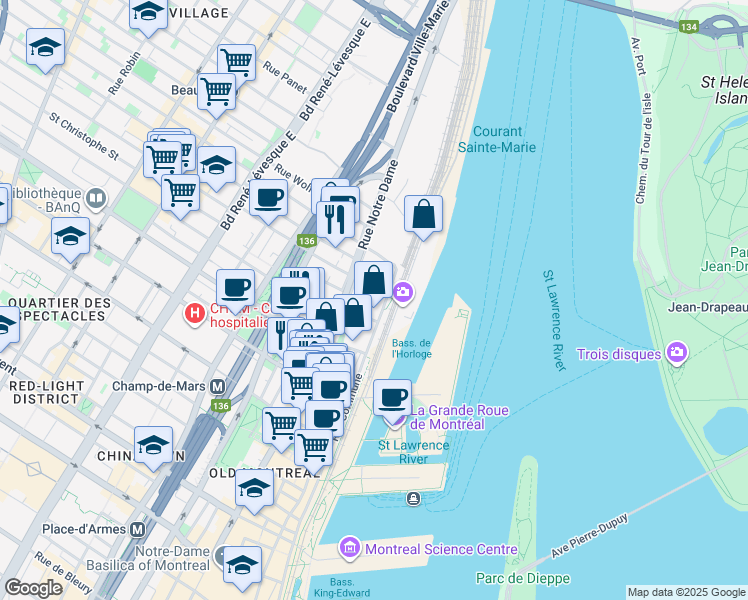 map of restaurants, bars, coffee shops, grocery stores, and more near 859 Rue de la Commune Est in Montréal