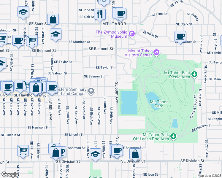 map of restaurants, bars, coffee shops, grocery stores, and more near 5836 Southeast Madison Street in Portland