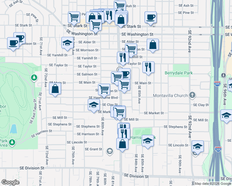 map of restaurants, bars, coffee shops, grocery stores, and more near 8130 Southeast Madison Street in Portland