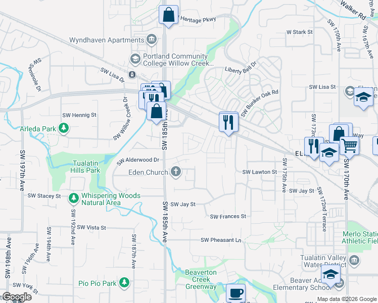 map of restaurants, bars, coffee shops, grocery stores, and more near 18295 Southwest Alderwood Drive in Beaverton