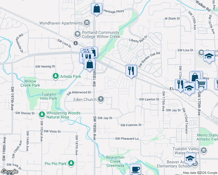 map of restaurants, bars, coffee shops, grocery stores, and more near 18287 Southwest Alderwood Drive in Beaverton