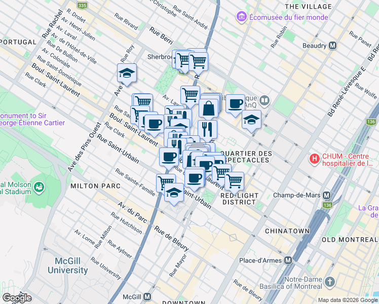 map of restaurants, bars, coffee shops, grocery stores, and more near 65 Rue Saint-Norbert in Montréal