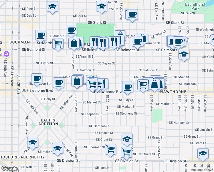map of restaurants, bars, coffee shops, grocery stores, and more near 2442 Southeast Madison Street in Portland