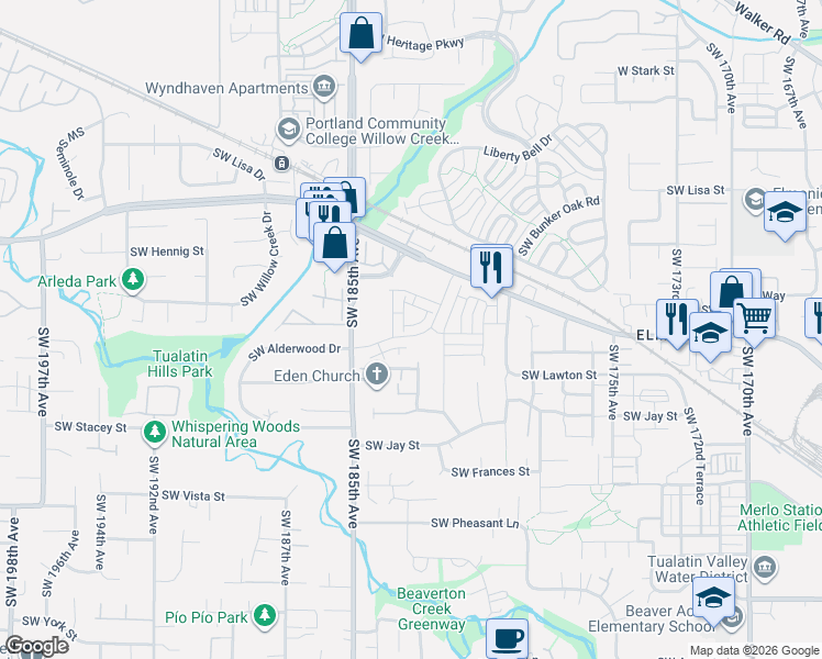 map of restaurants, bars, coffee shops, grocery stores, and more near 18273 Southwest Alderwood Drive in Beaverton