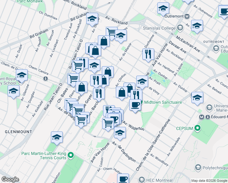 map of restaurants, bars, coffee shops, grocery stores, and more near 6301 Place Northcrest in Montréal