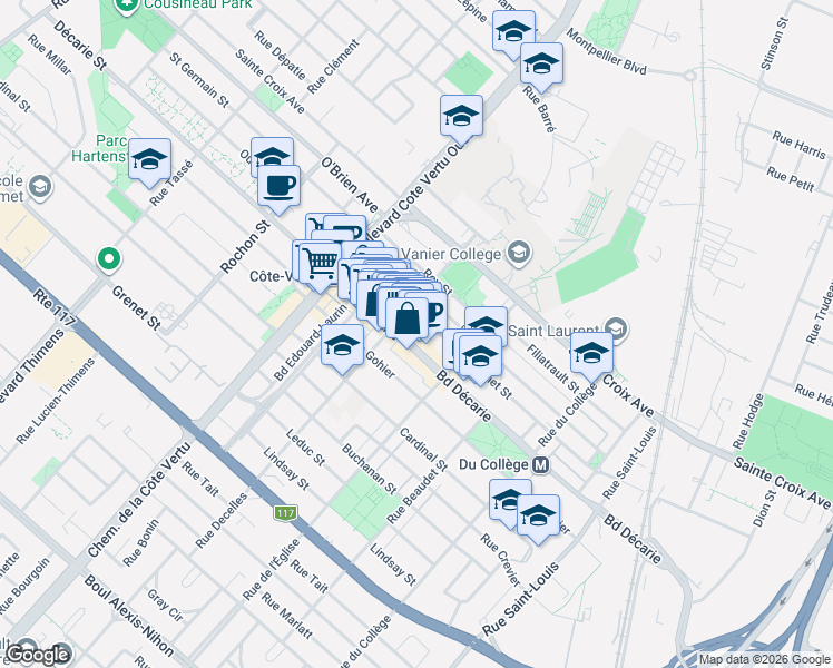 map of restaurants, bars, coffee shops, grocery stores, and more near 1500 Rue Morin in Montréal