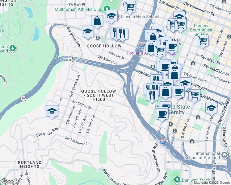 map of restaurants, bars, coffee shops, grocery stores, and more near 1410 Southwest Harrison Street in Portland