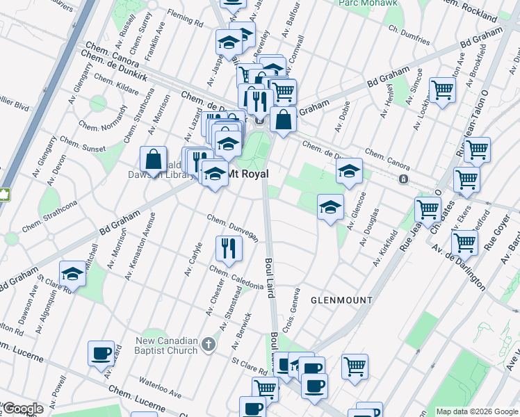 map of restaurants, bars, coffee shops, grocery stores, and more near 885 Boulevard Laird in Mont-Royal