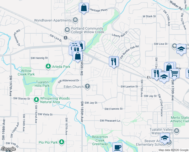 map of restaurants, bars, coffee shops, grocery stores, and more near 18287 Southwest Alderwood Drive in Beaverton