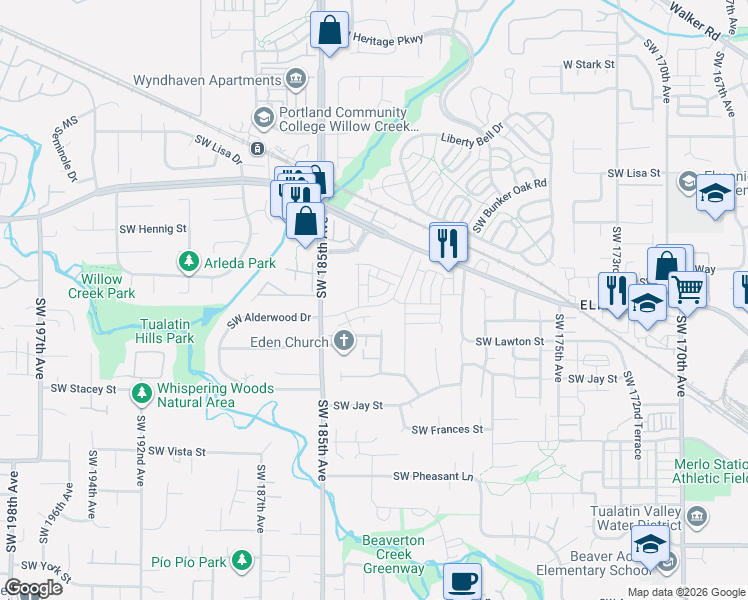 map of restaurants, bars, coffee shops, grocery stores, and more near 18281 Southwest Alderwood Drive in Beaverton