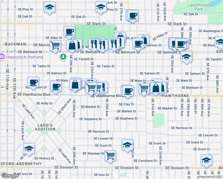 map of restaurants, bars, coffee shops, grocery stores, and more near 2511 Southeast Madison Street in Portland