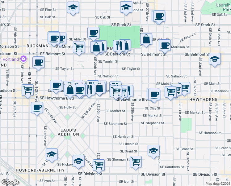map of restaurants, bars, coffee shops, grocery stores, and more near 2238 Southeast Madison Street in Portland