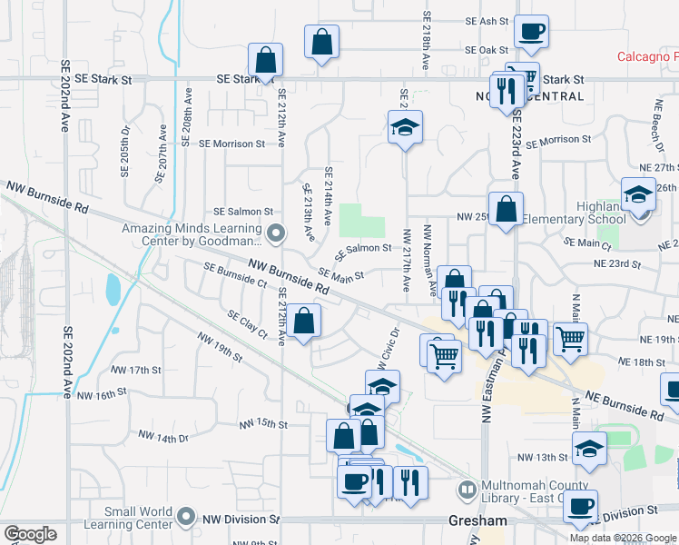 map of restaurants, bars, coffee shops, grocery stores, and more near 21430 Southeast Salmon Street in Gresham