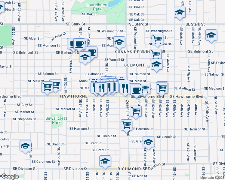 map of restaurants, bars, coffee shops, grocery stores, and more near 3747 Southeast Madison Street in Portland