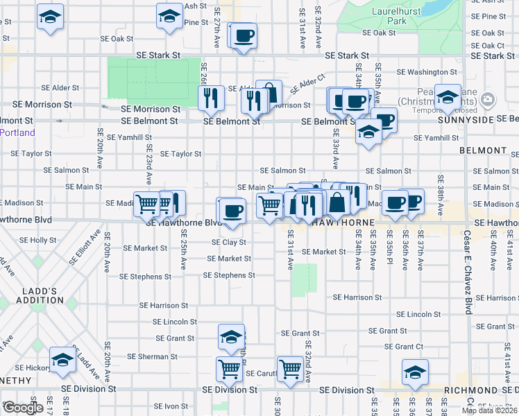 map of restaurants, bars, coffee shops, grocery stores, and more near 2925 Southeast Madison Street in Portland