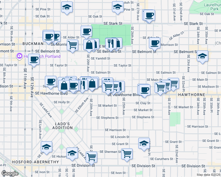 map of restaurants, bars, coffee shops, grocery stores, and more near 2217 Southeast Madison Street in Portland