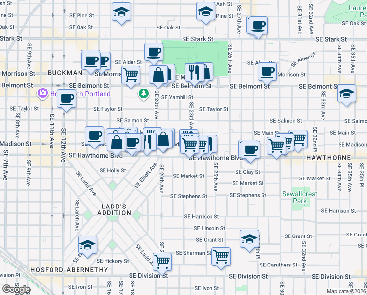 map of restaurants, bars, coffee shops, grocery stores, and more near 2217 Southeast Madison Street in Portland