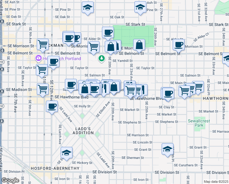 map of restaurants, bars, coffee shops, grocery stores, and more near 11 Southeast Madison Street in Portland