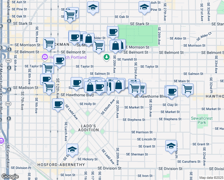 map of restaurants, bars, coffee shops, grocery stores, and more near 1315 Southeast 20th Avenue in Portland