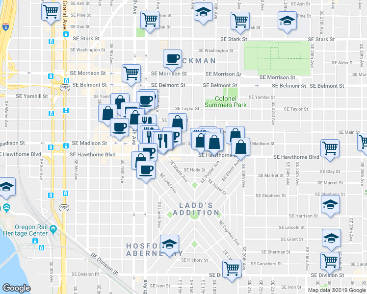 map of restaurants, bars, coffee shops, grocery stores, and more near 1505 Southeast Madison Street in Portland