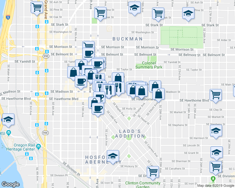 map of restaurants, bars, coffee shops, grocery stores, and more near 1505 Southeast Madison Street in Portland