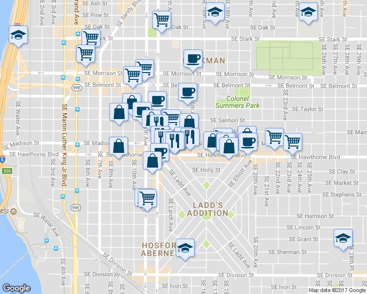 map of restaurants, bars, coffee shops, grocery stores, and more near 1331 Southeast Madison Street in Portland