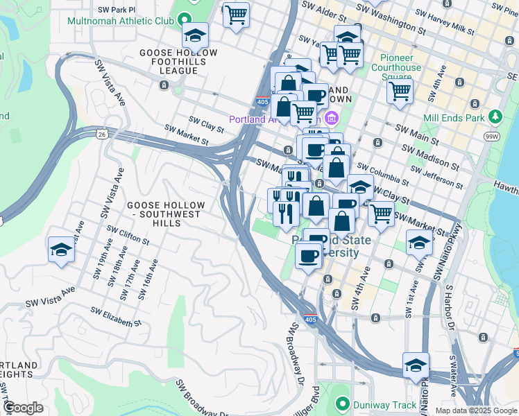 map of restaurants, bars, coffee shops, grocery stores, and more near 1136 Southwest 12th Avenue in Portland