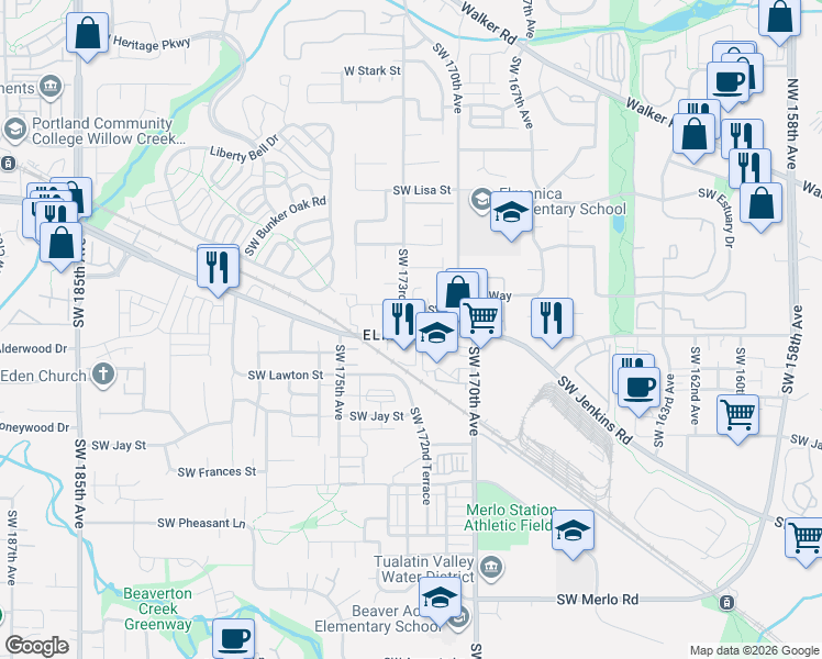 map of restaurants, bars, coffee shops, grocery stores, and more near in Beaverton