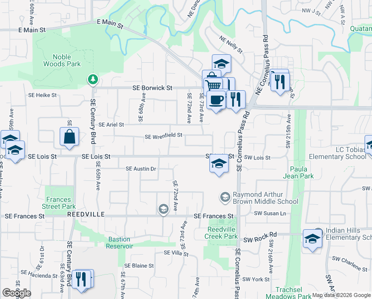 map of restaurants, bars, coffee shops, grocery stores, and more near 877 Southeast 72nd Avenue in Hillsboro