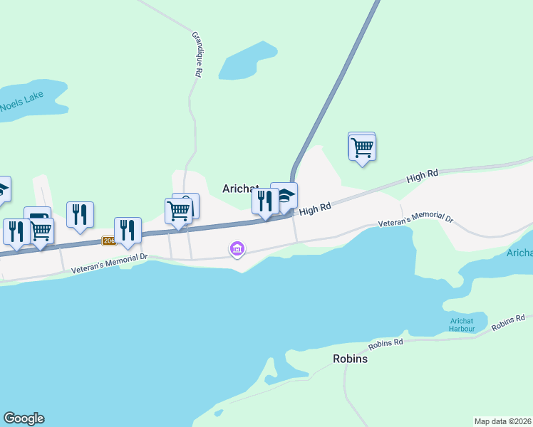 map of restaurants, bars, coffee shops, grocery stores, and more near 2633 Highway 206 in Sampson Cove