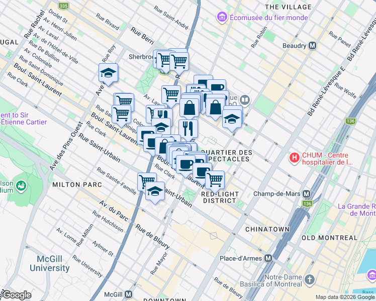 map of restaurants, bars, coffee shops, grocery stores, and more near 125 Ontario Street East in Montreal