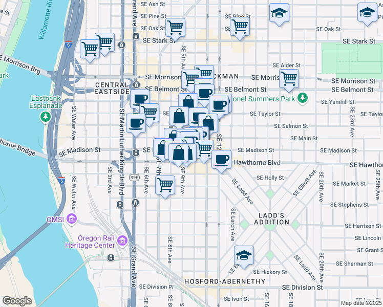 map of restaurants, bars, coffee shops, grocery stores, and more near 1380 Southeast 9th Avenue in Portland