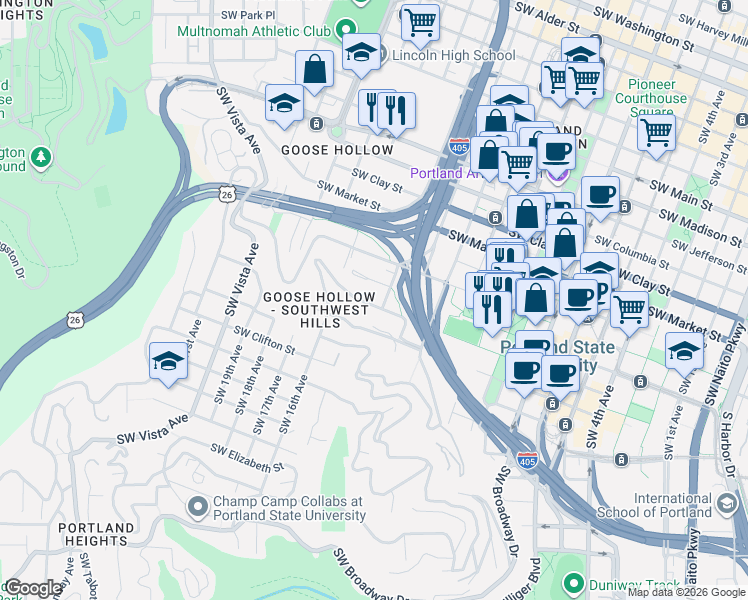 map of restaurants, bars, coffee shops, grocery stores, and more near 1411 Southwest Hall Street in Portland