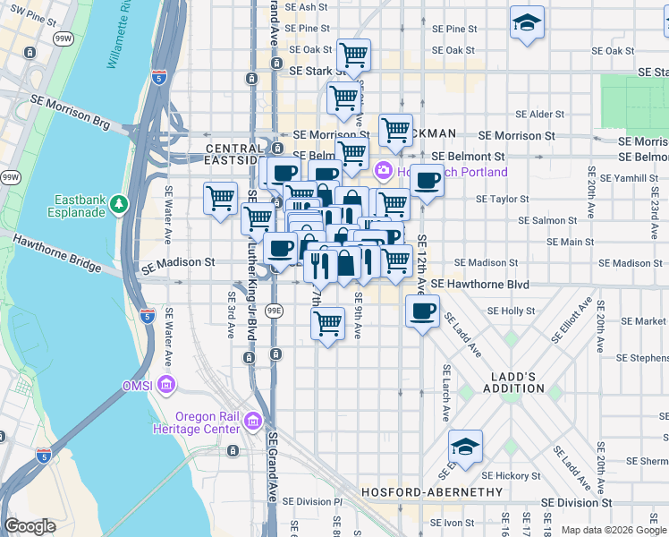 map of restaurants, bars, coffee shops, grocery stores, and more near 721 Southeast Madison Street in Portland