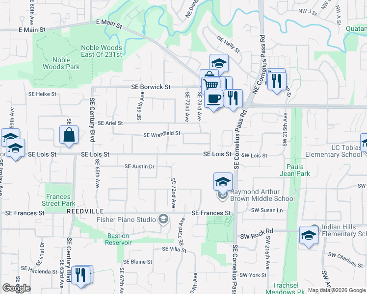 map of restaurants, bars, coffee shops, grocery stores, and more near 7200 Southeast Harnish Street in Hillsboro