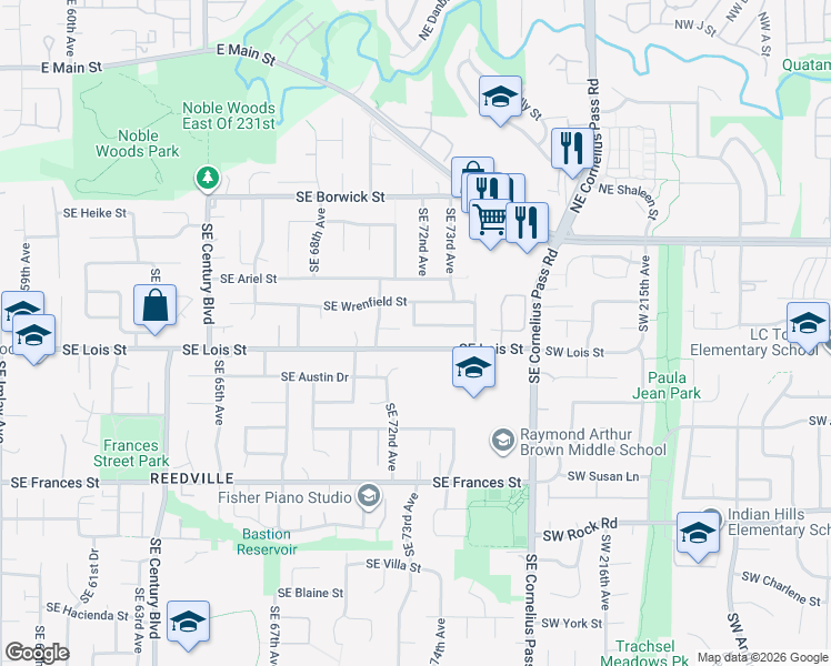 map of restaurants, bars, coffee shops, grocery stores, and more near 877 Southeast 72nd Avenue in Hillsboro
