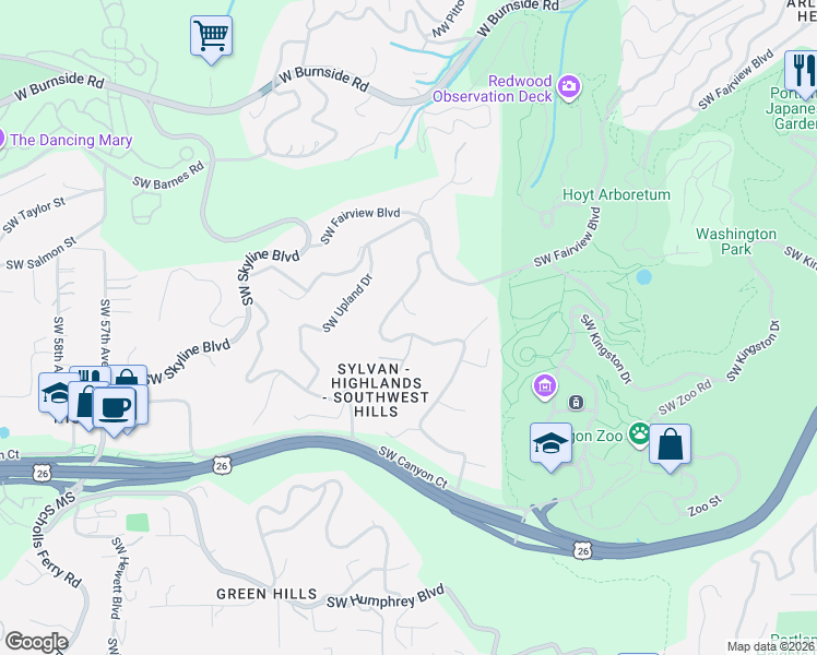 map of restaurants, bars, coffee shops, grocery stores, and more near 4514 Southwest Highland Road in Portland