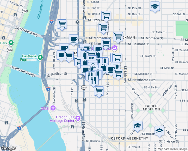 map of restaurants, bars, coffee shops, grocery stores, and more near 632 Southeast Madison Street in Portland