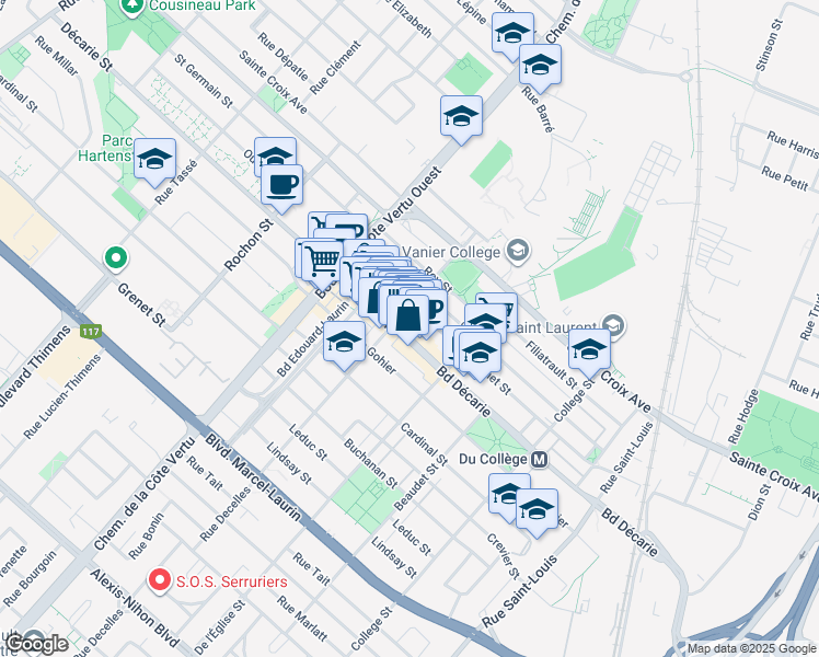 map of restaurants, bars, coffee shops, grocery stores, and more near 867 Boulevard Décarie in Montréal