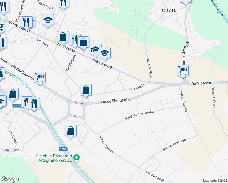 map of restaurants, bars, coffee shops, grocery stores, and more near 24 Via S. Caboto in Arzignano