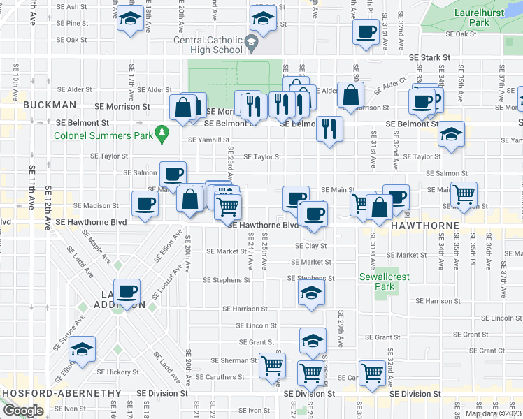 map of restaurants, bars, coffee shops, grocery stores, and more near 2442 Southeast Madison Street in Portland