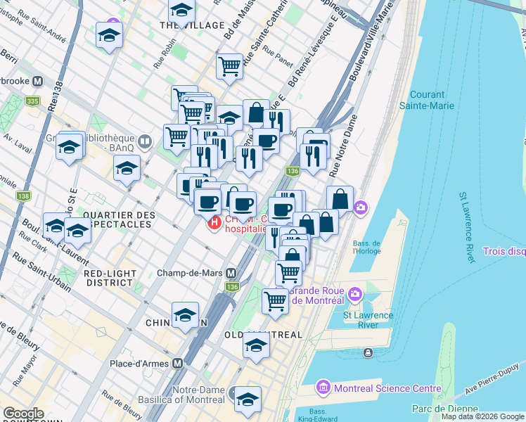 map of restaurants, bars, coffee shops, grocery stores, and more near in Montreal