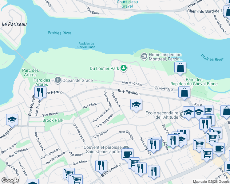 map of restaurants, bars, coffee shops, grocery stores, and more near 12406 Rue Pavillon in Montréal