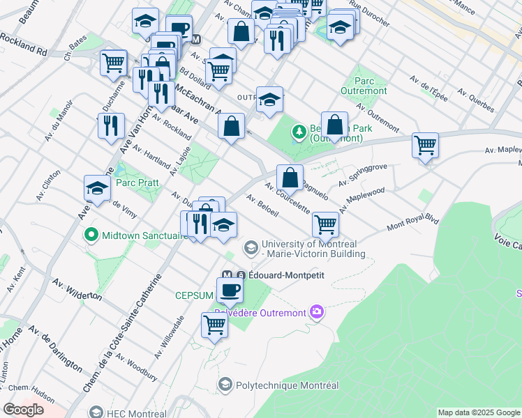 map of restaurants, bars, coffee shops, grocery stores, and more near 25 Avenue Beloeil in Montréal
