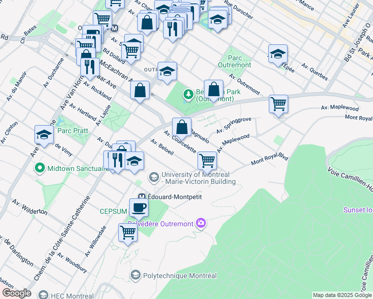 map of restaurants, bars, coffee shops, grocery stores, and more near 61 Avenue Courcelette in Montréal