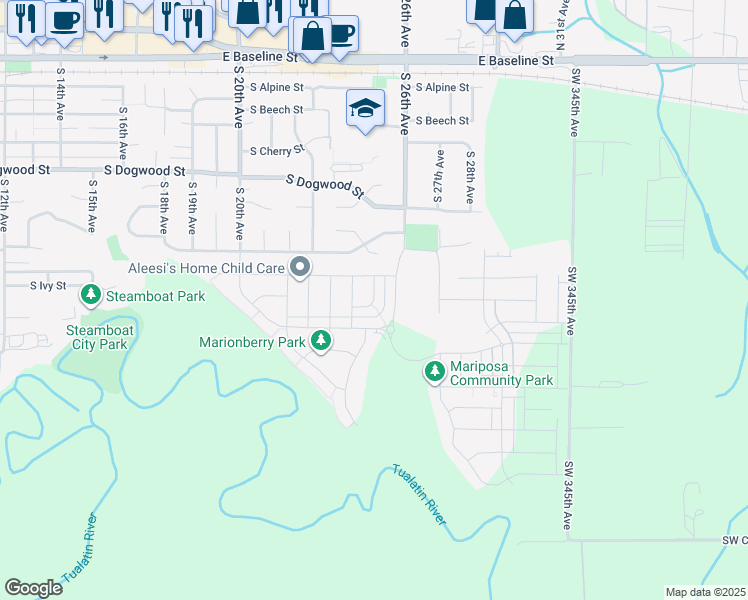 map of restaurants, bars, coffee shops, grocery stores, and more near S 25th Terrace in Cornelius