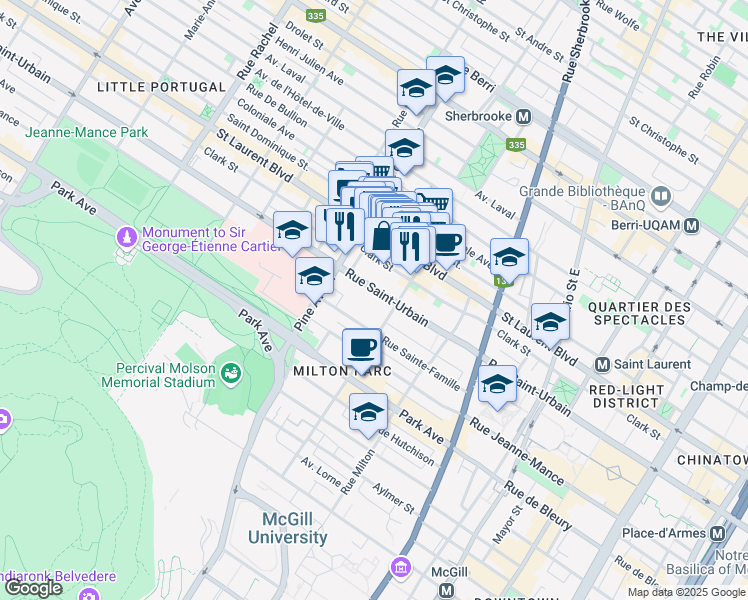 map of restaurants, bars, coffee shops, grocery stores, and more near in Montreal