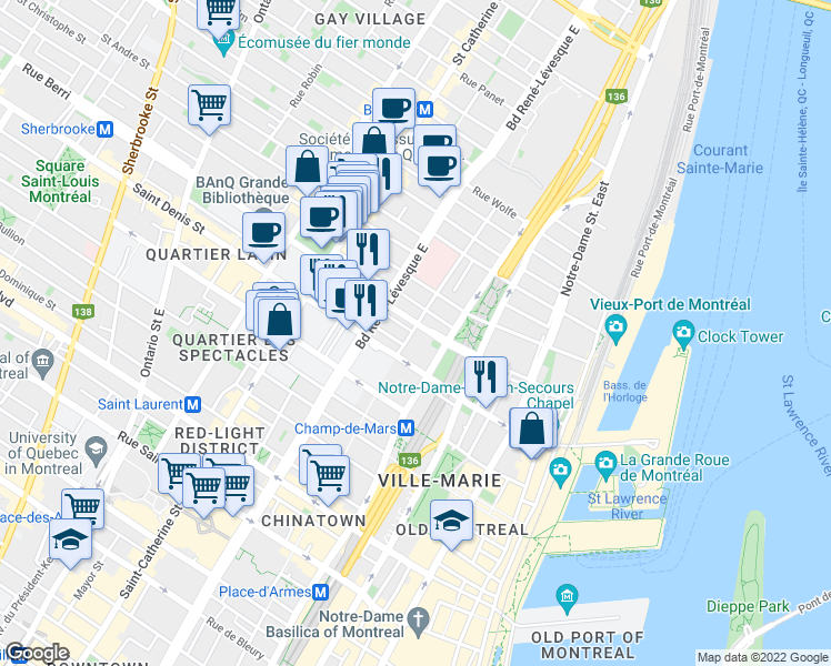 map of restaurants, bars, coffee shops, grocery stores, and more near 450 Rue de la Gauchetière Est in Montréal